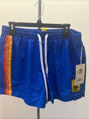 Blue Swim Shorts with Red and Yellow Stripes